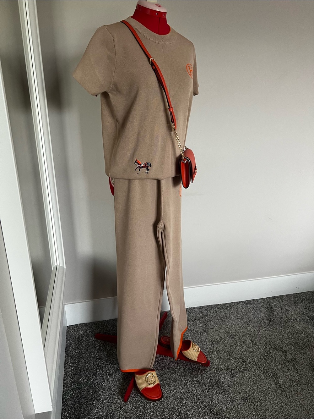Hermes Beige Knit Short-Sleeve Top & Wide-Leg Pants with Orange Accents size S-M - Picture 12 of 13